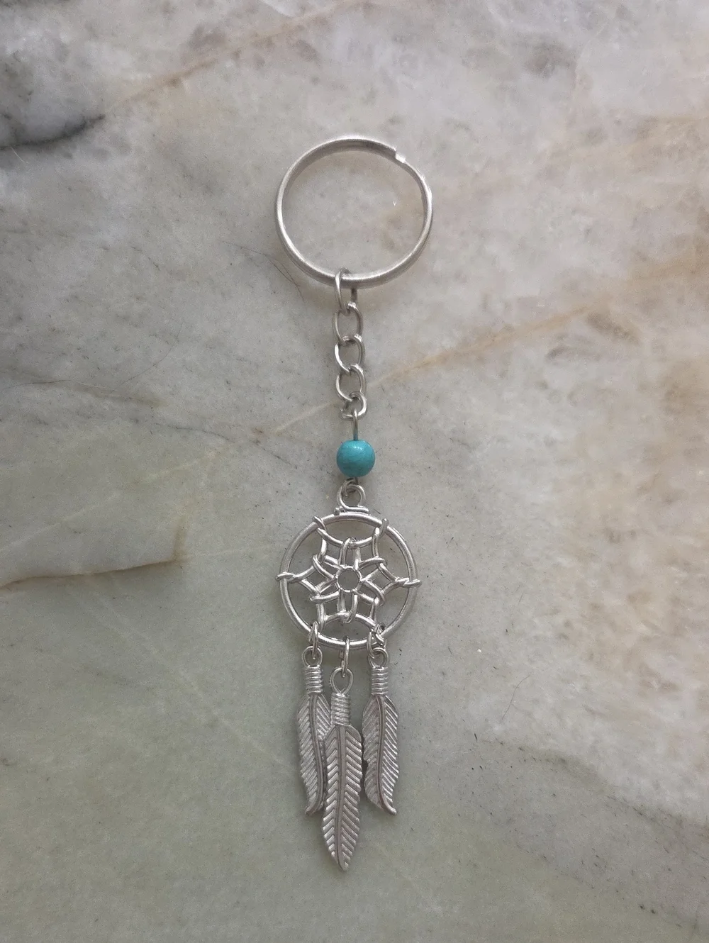 Silver Dreamcatcher Keychain with Turquoise Bead